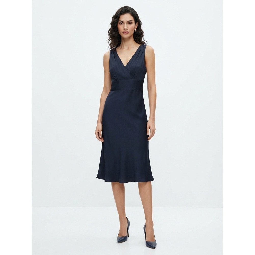 J.Crew Silk V-Neck A-Line Midi Cocktail Dress Sleeveless Pleated Navy Blue 8